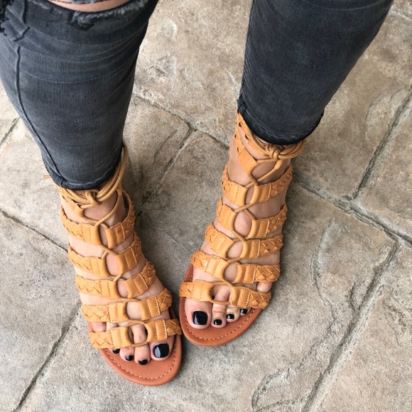 Cognac Braided Lace Up Tall Gladiator Sandals - Picture 2 of 7